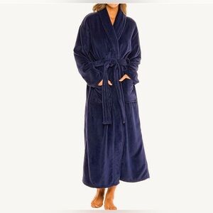 Amanda Stewart Intimates Navy Blue Plush Bath Robe Pockets Size L